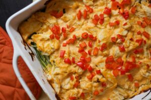 Buffalo Chicken Zucchini Bake. Low carb casserole perfect after weight-loss surgery.