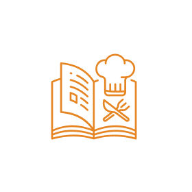 recipe book with chef hat icon in orange.